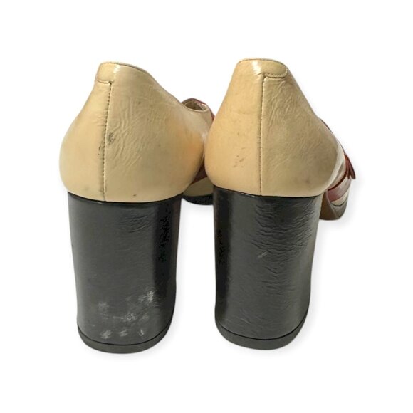 Vintage Ballotta Bologna Italy Red & Ivory Leather Peep-Toe Pumps 1960s–70s - Picture 5 of 11